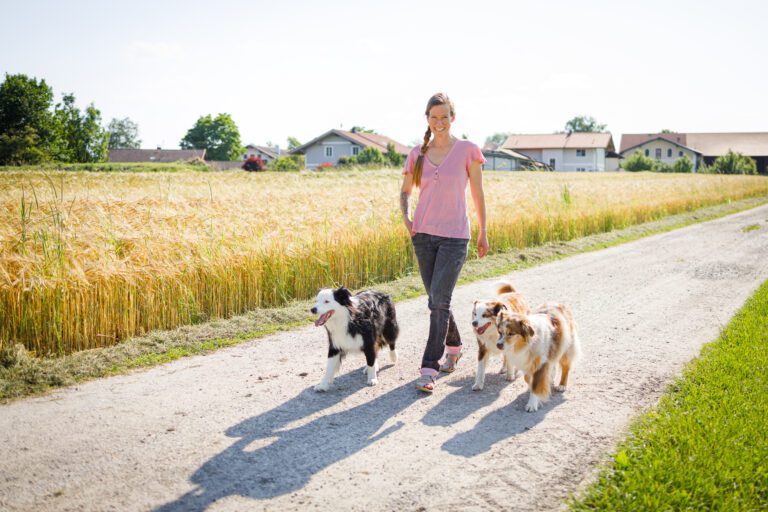 Dr. Janey May geht mit ihren drei Hunden spazieren